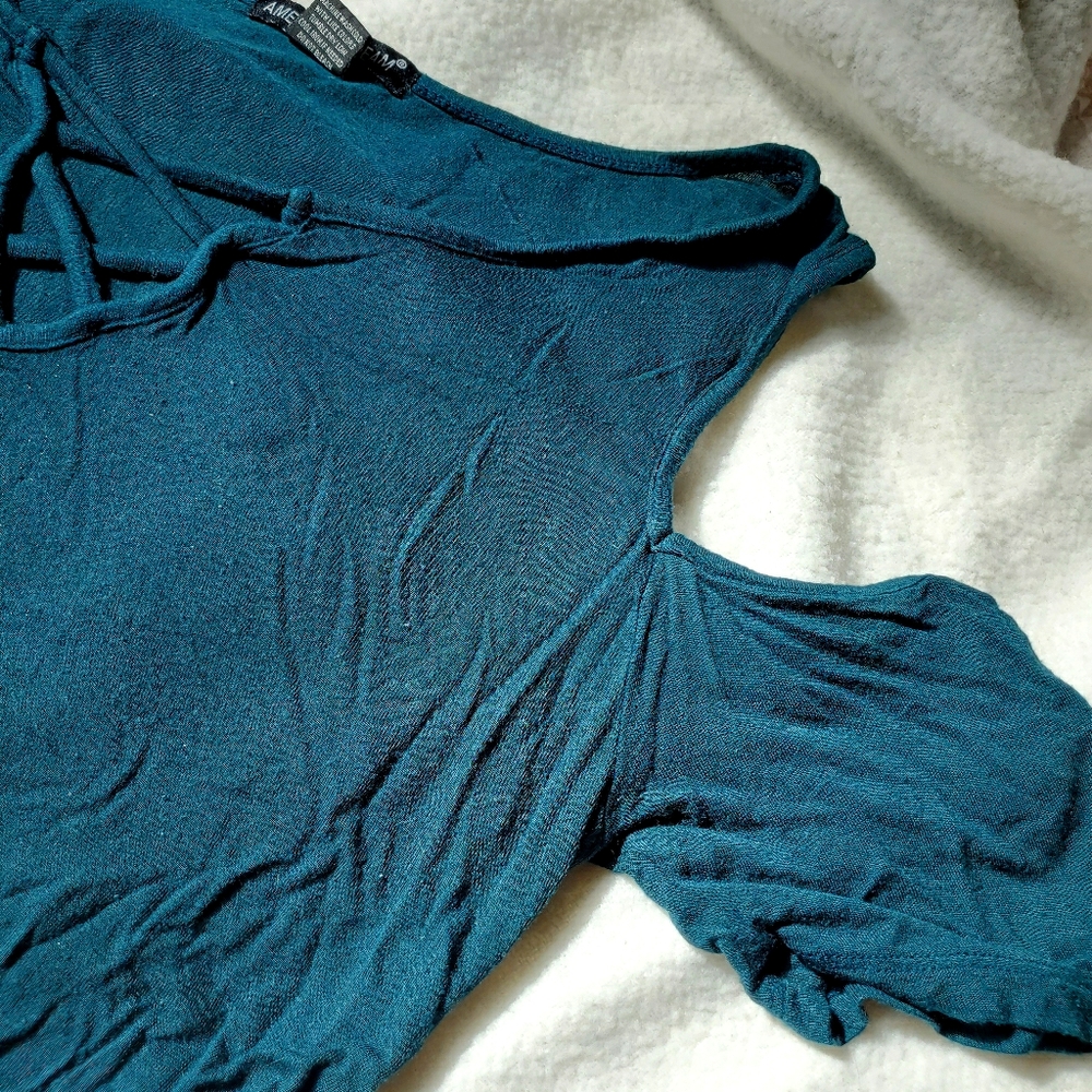 Teal Cold Shoulder Top